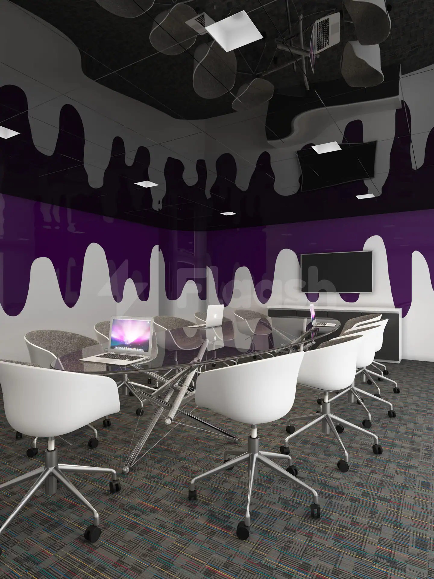 Meeting room at Sport Accelerator Qatar in Doha featuring a glass oval table, white rolling chairs