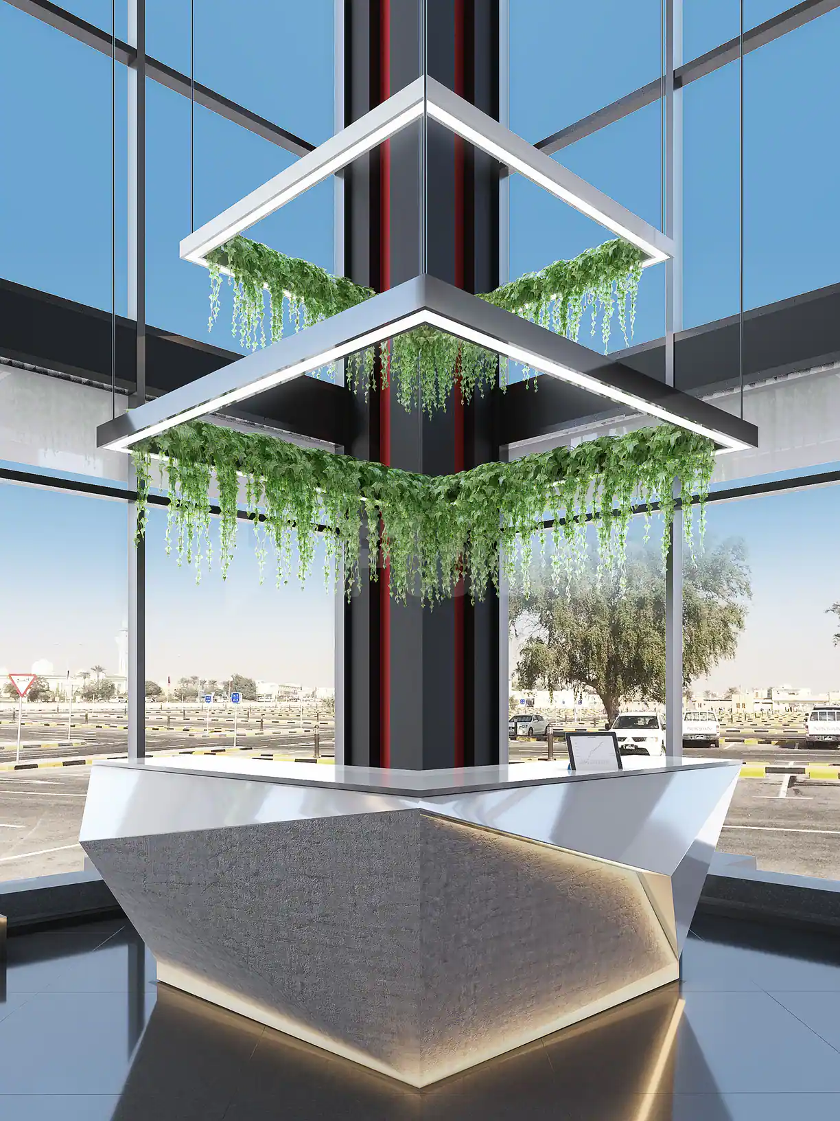 Geometric reception desk at Sport Accelerator Qatar in Doha with suspended green planters