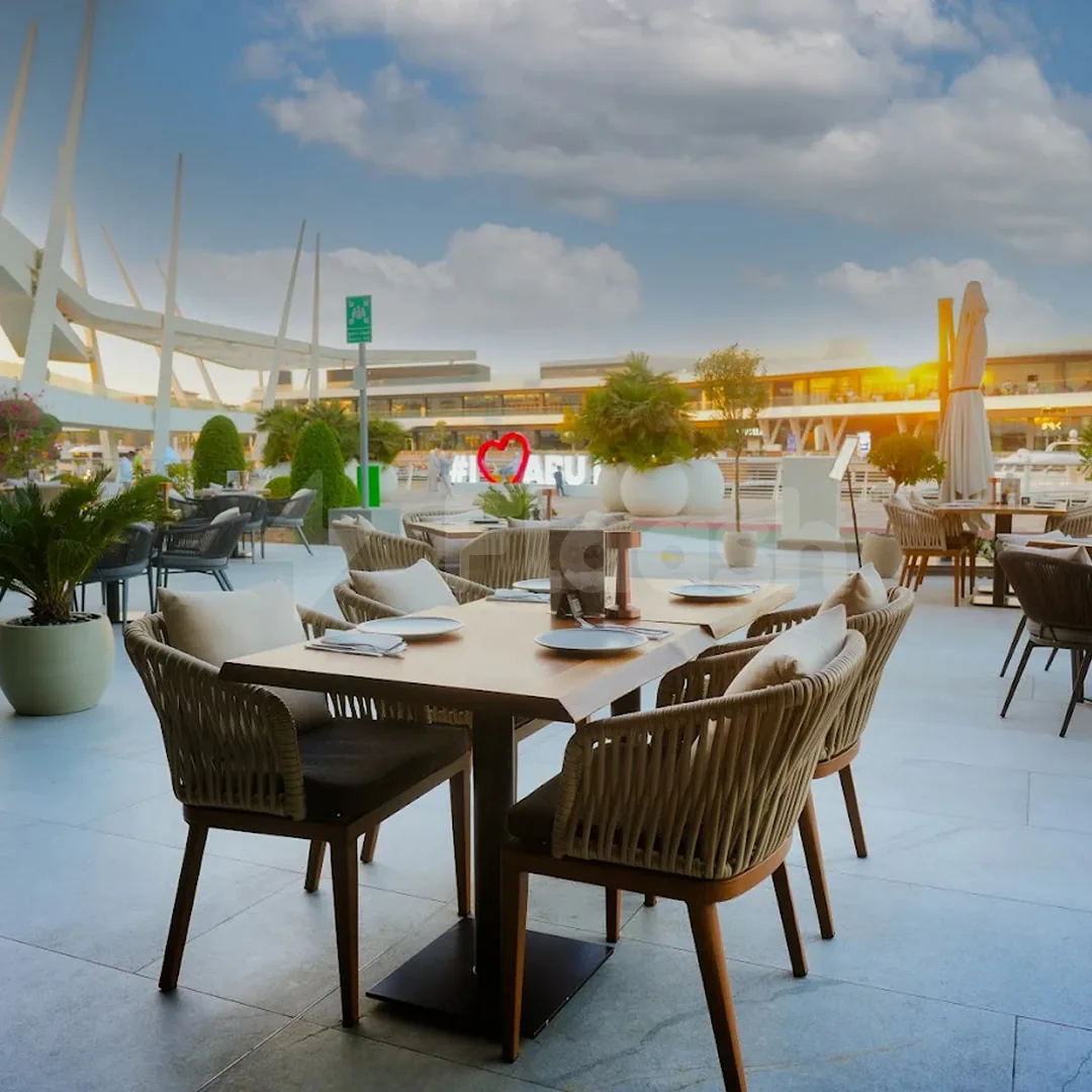 Terrace at Tazal Restaurant Abu Dhabi featuring wicker chairs, wooden tables, potted plants, and modern white architecture under