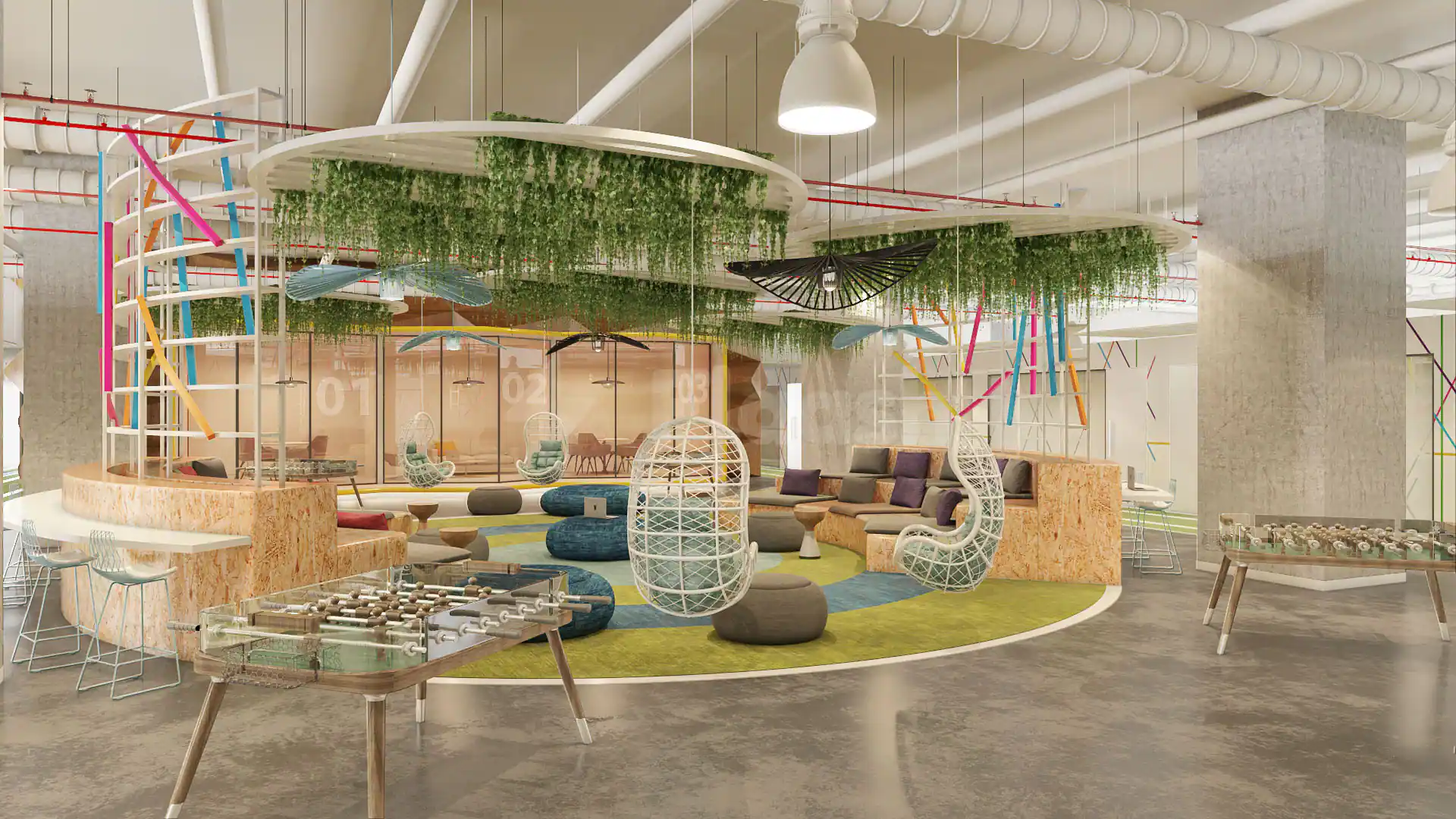 Games lounge at Sport Accelerator Qatar in Doha featuring hanging green plants and white wicker chairs