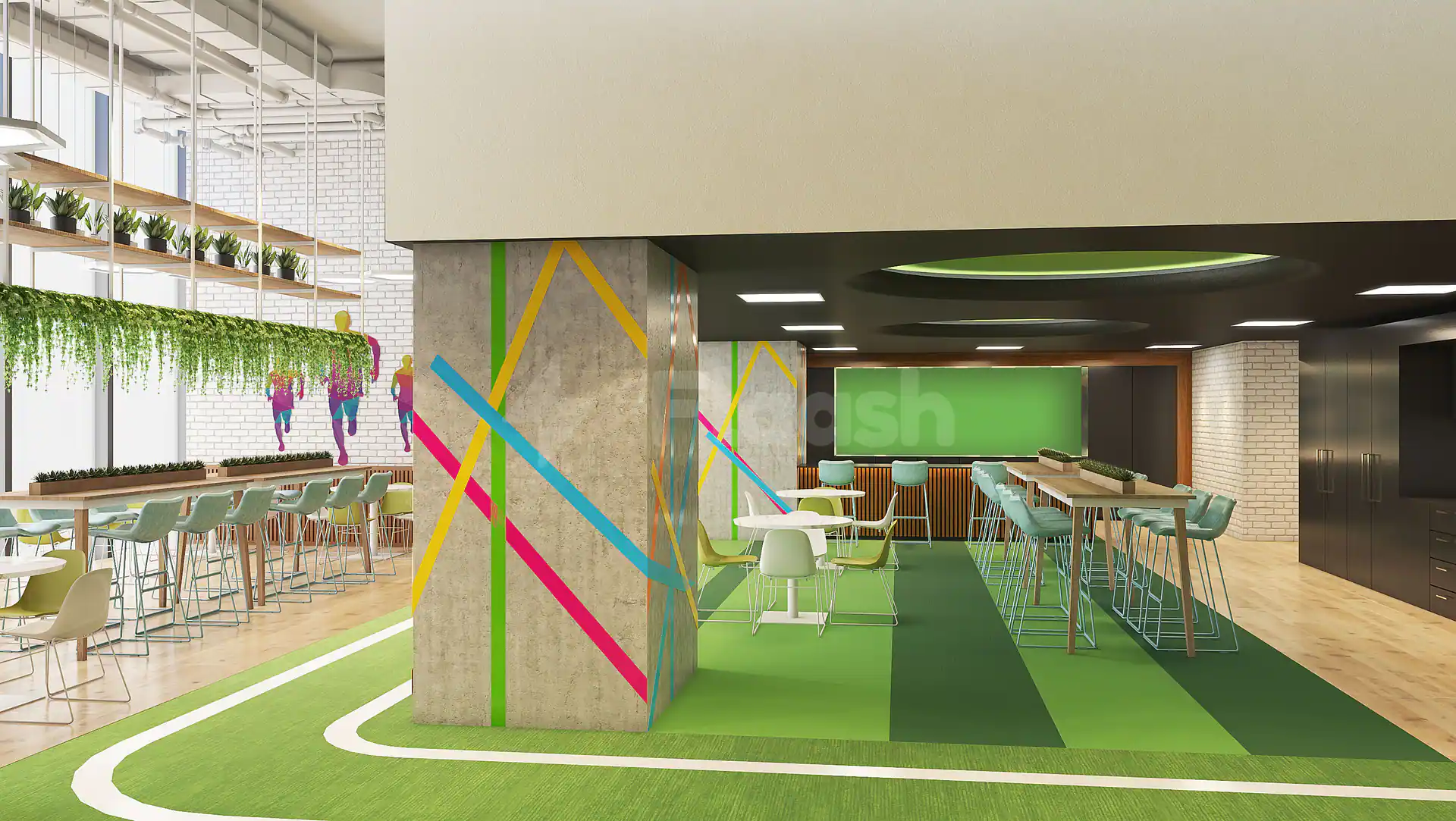 Restaurant at Sport Accelerator Qatar in Doha featuring a green carpet with white lines and a concrete pillar