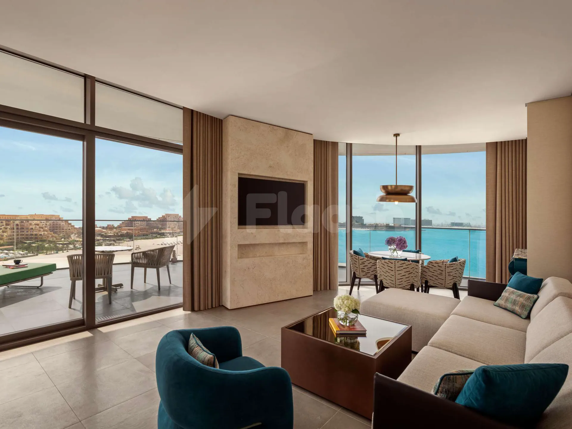 Rooftop terrace at SO Ras Al Khaimah Hotel & Resort in Ras Al-Khaimah with panoramic sea and beach views