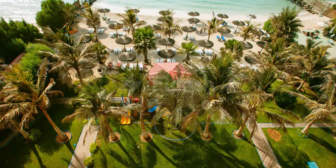 Rooftop terrace at Sahara Beach Resort & Spa in Sharjah overlooking a sandy beach with palm trees and thatched