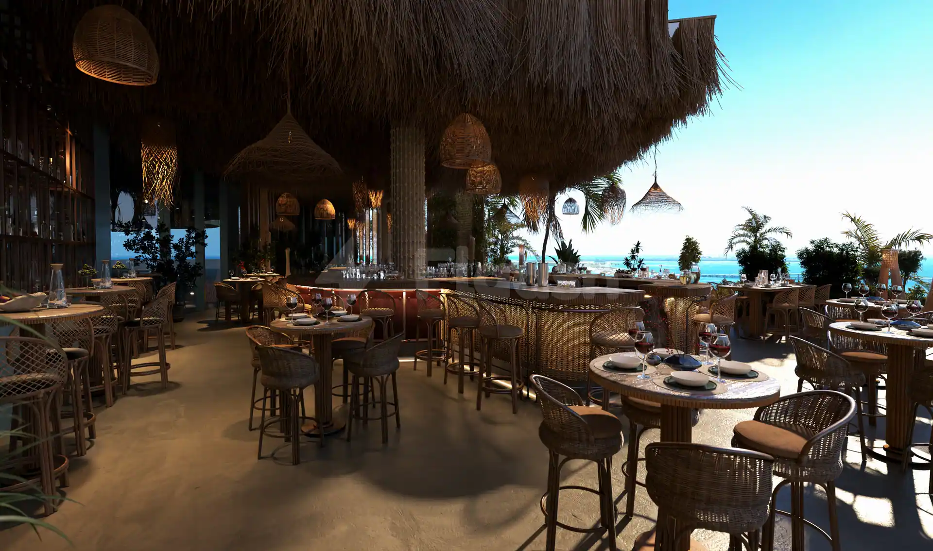 Rooftop terrace at Bar du Port Abu Dhabi featuring a thatched roof and wicker pendant lights overlooking