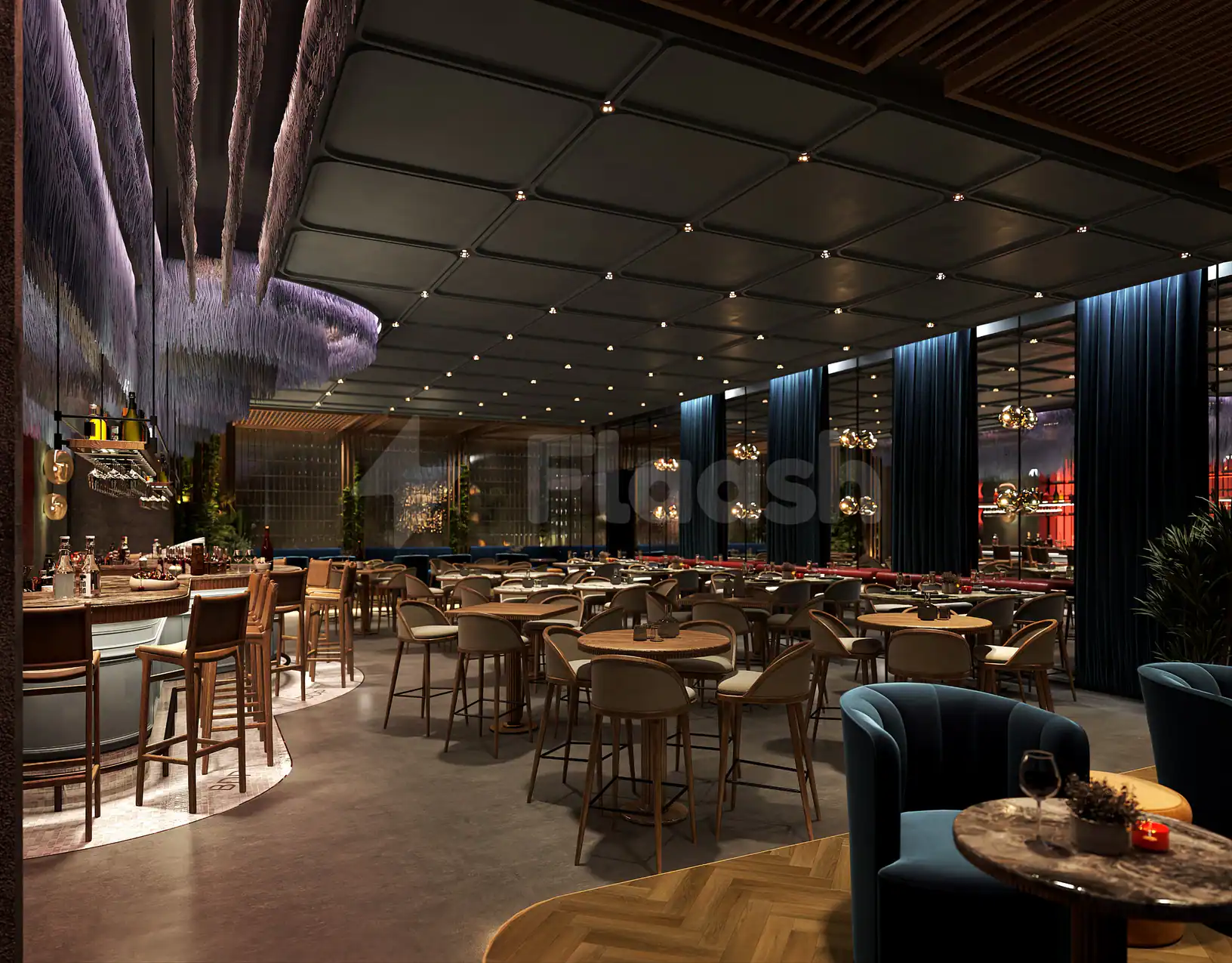 Bar du Port Abu Dhabi restaurant interior featuring a hanging feather art installation and dark grey ceiling panels