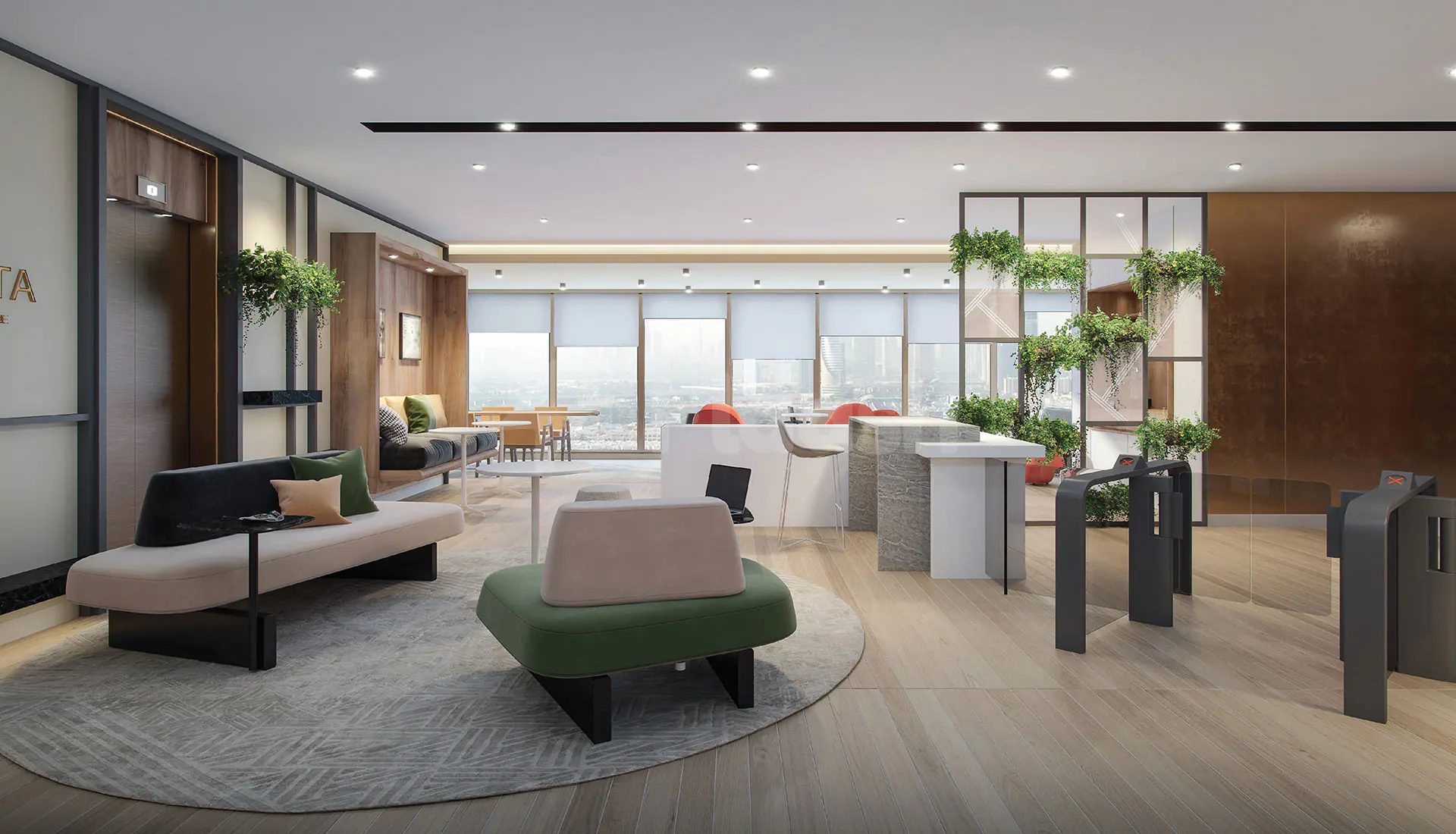 Entrance hall at Gravita Coworking Space Jeddah in Jeddah with hanging green plants and city view
