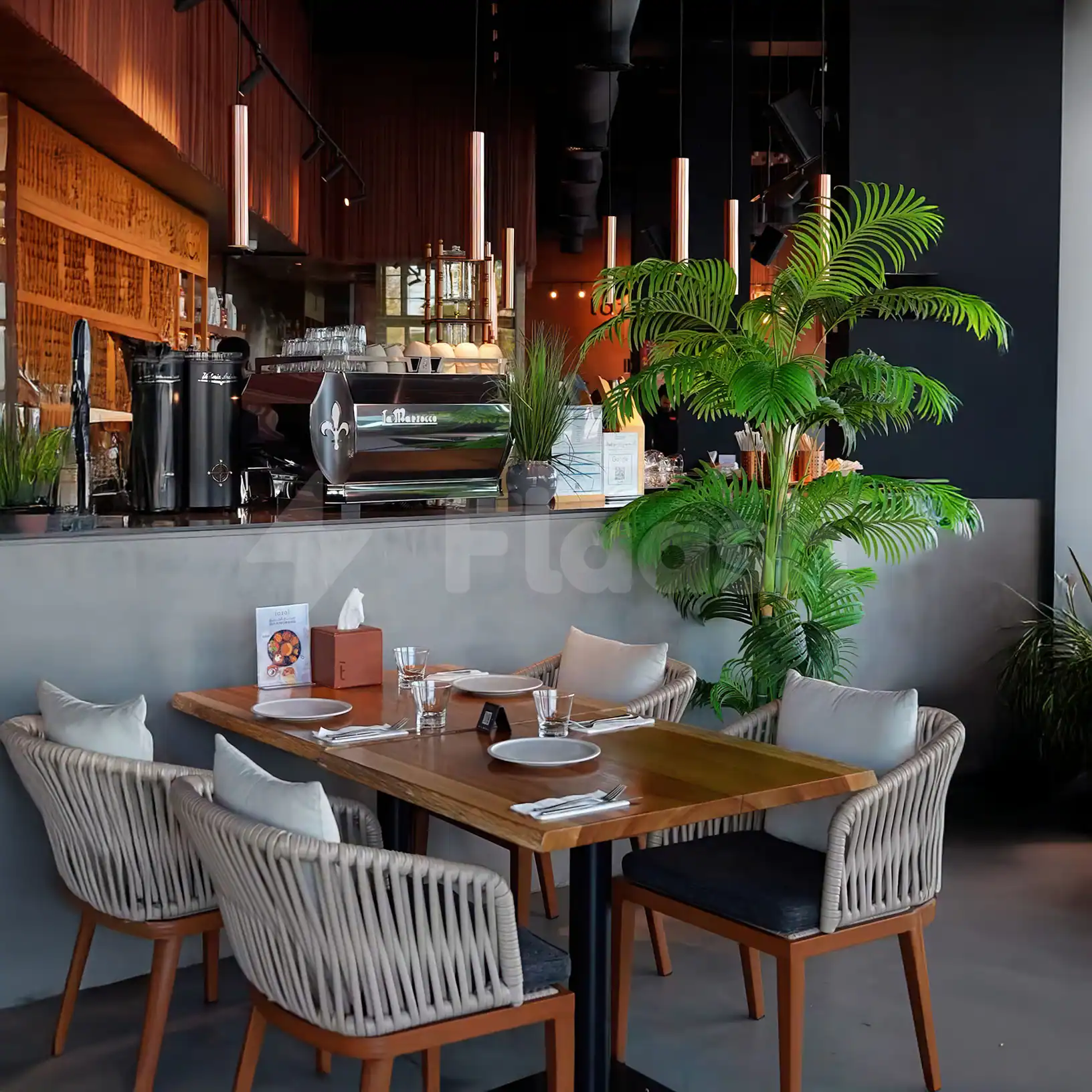 Modern dining area at Tazal Restaurant Abu Dhabi with a large green palm plant