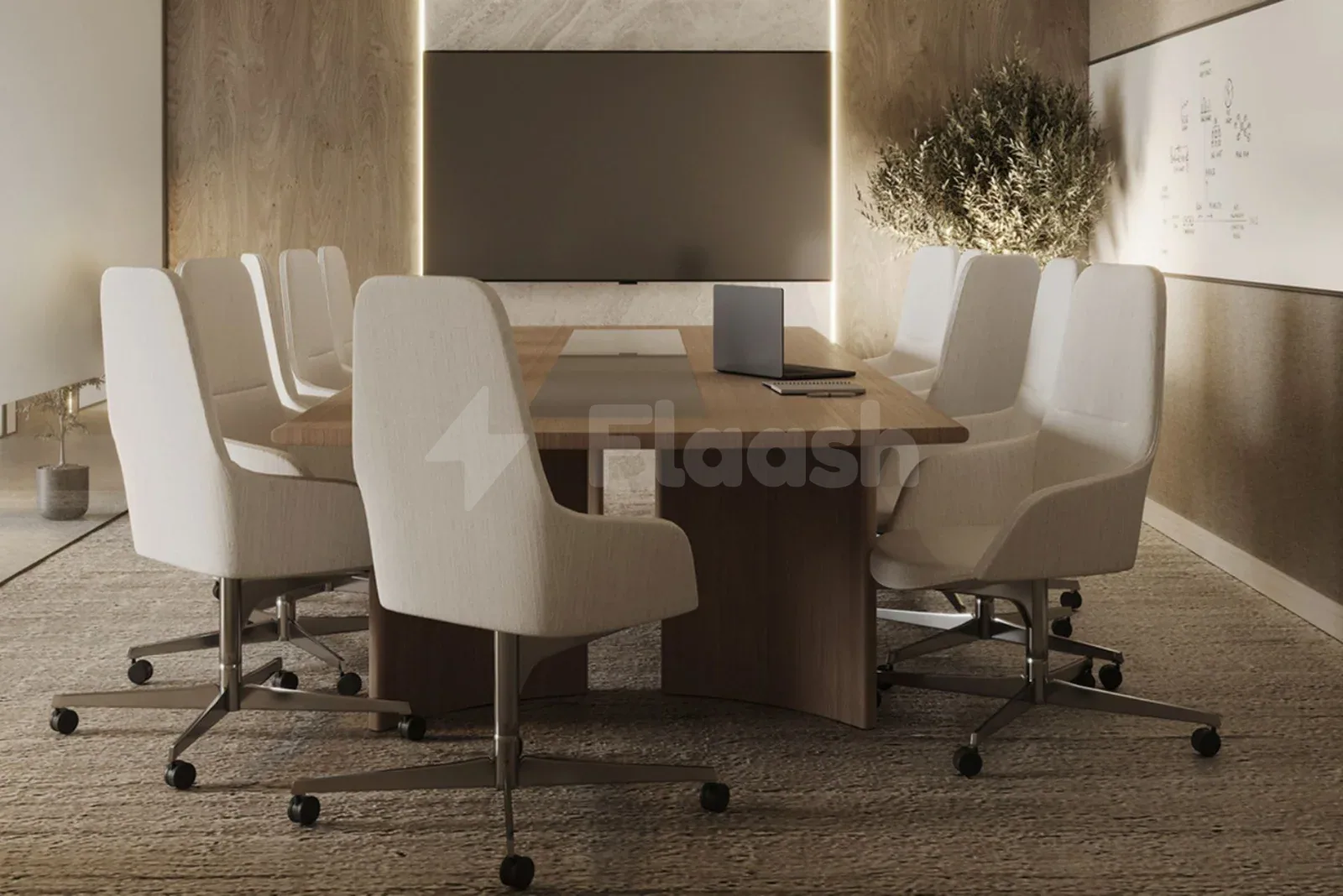 Boardroom at Tejwaans Business Centre in Doha featuring a wooden table, white fabric chairs with casters