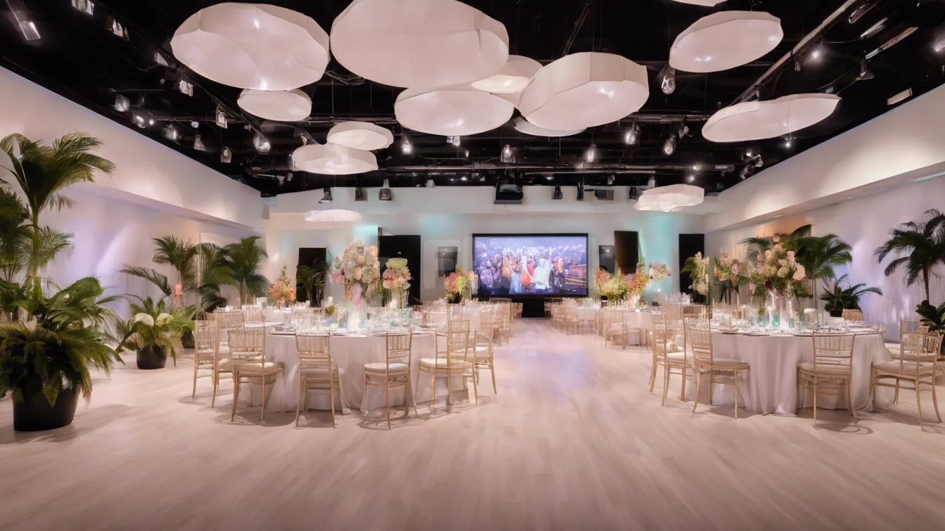 Ballroom at Space42 Arena in Abu Dhabi featuring large white pendant lights and potted palm trees flanking round