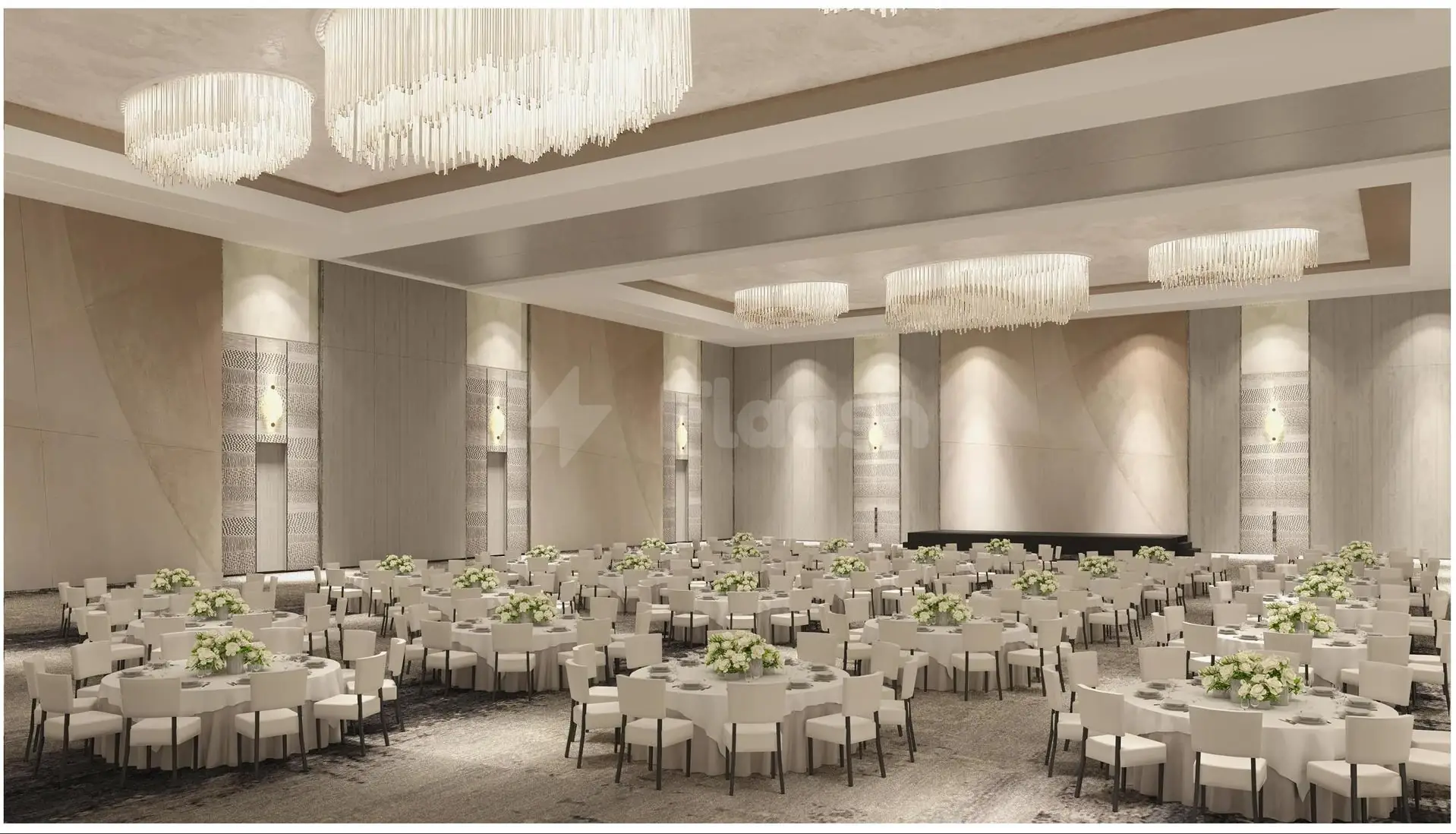 Banquet hall at Rosewood Doha, Lusail, with crystal chandeliers and floral centerpieces on round tables