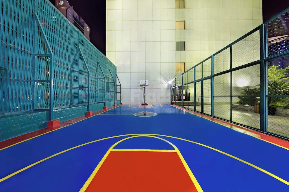 Outdoor basketball court at Ezdan Hotel & Suites, Doha, featuring vibrant blue flooring and657 and a tall teal lattice