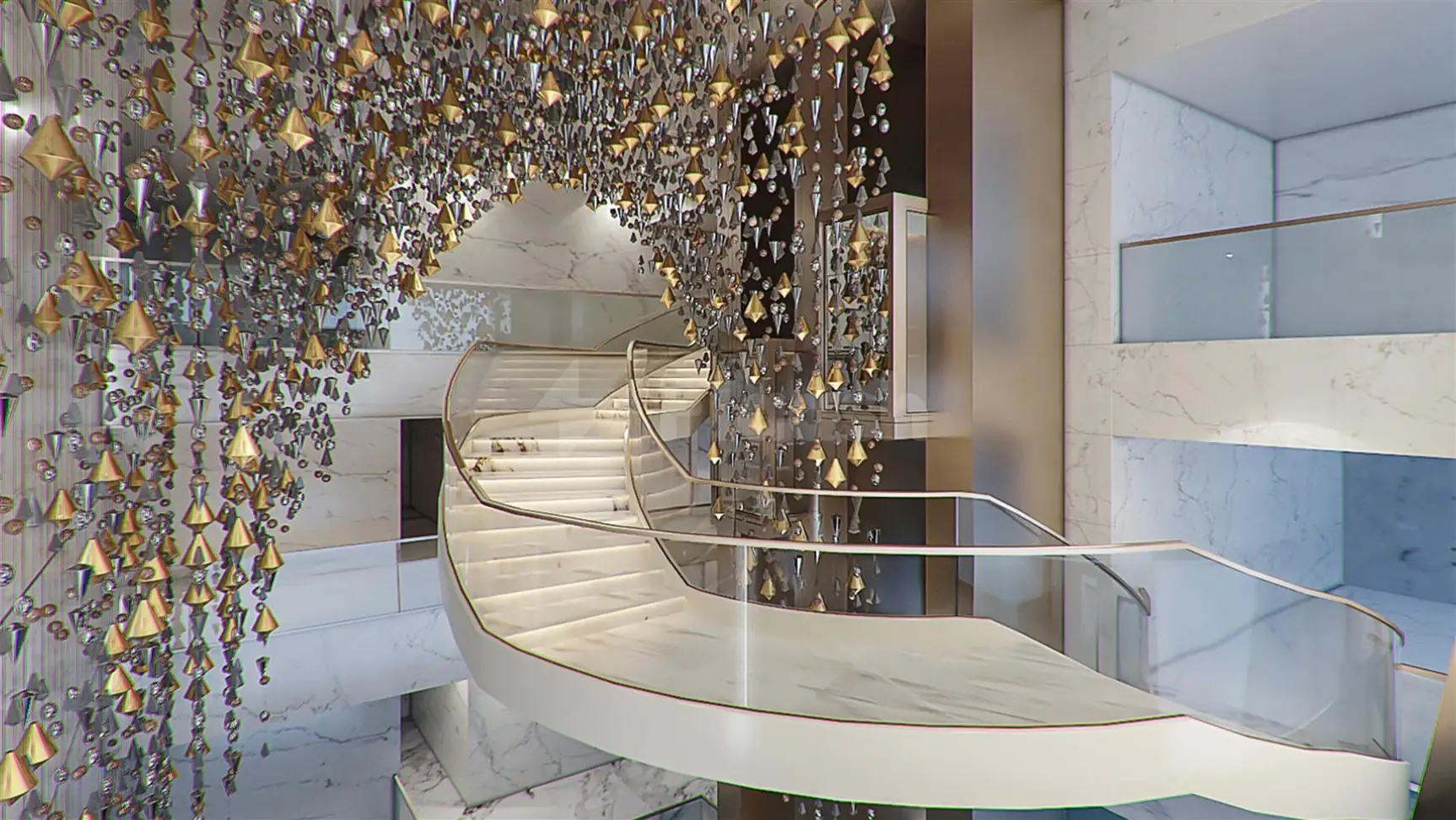 Marble atrium at Steigenberger Hotel Doha, QATAR, featuring cascading crystal chandeliers and sweeping spiral staircase