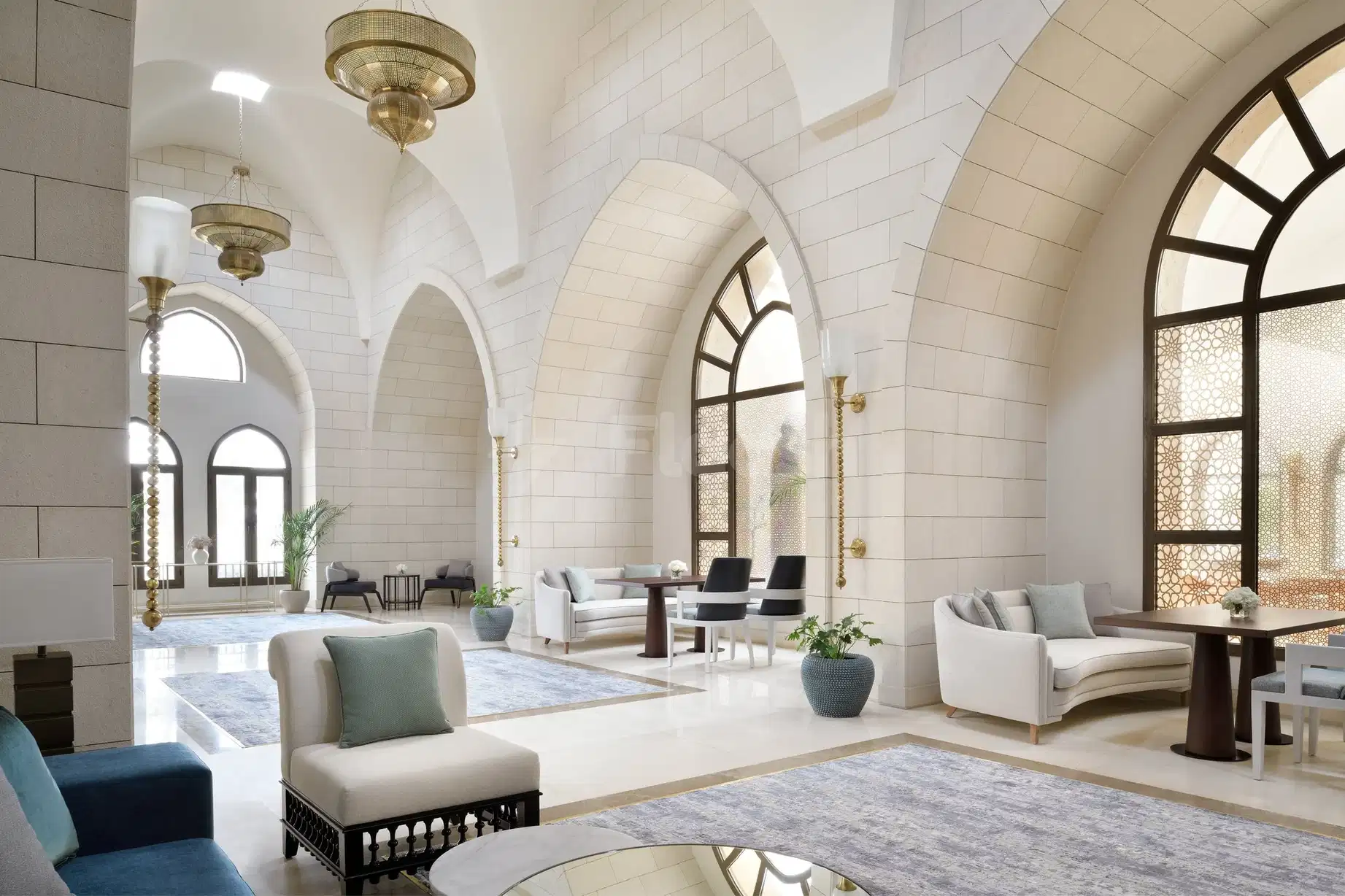Lobby at InterContinental Durrat Al Riyadh Resort & Spa, Riyadh, with arched ceilings and ornate brass lanterns