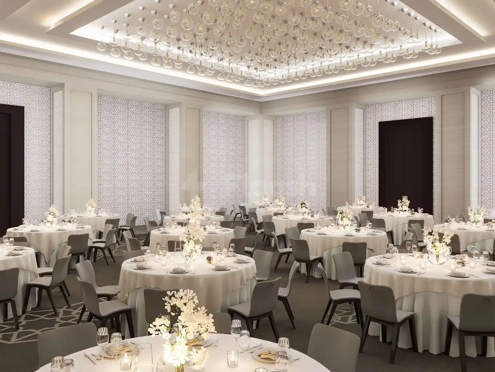Banquet hall at Sofitel Riyadh Hotel & Convention Centre, Riyadh, with crystal chandeliers and patterned walls