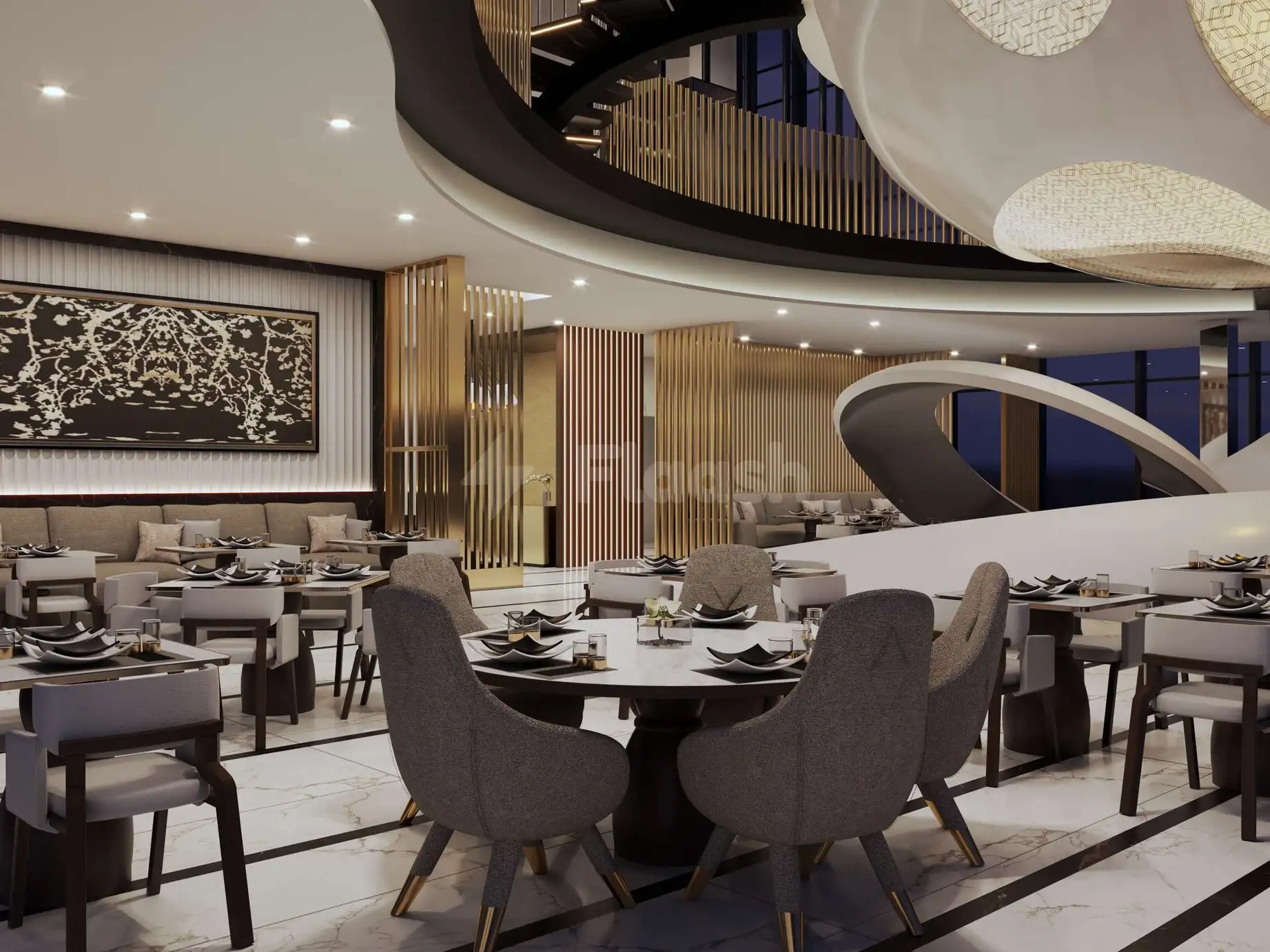 Dining area at Sofitel Riyadh Hotel & Convention Centre, Riyadh, featuring modern tables and sculptural ceiling fixtures with gold