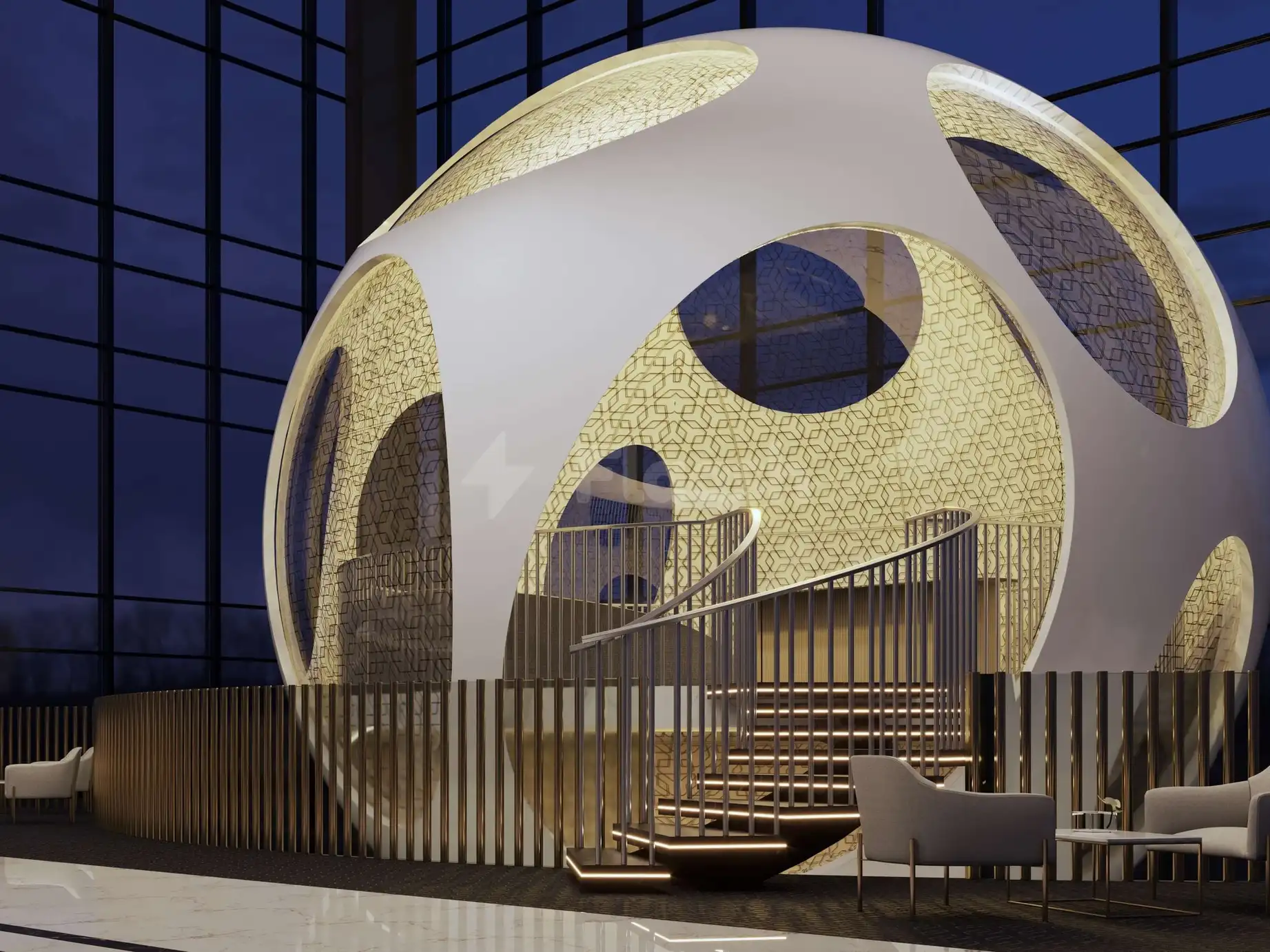 Lobby at Sofitel Riyadh Hotel & Convention Centre, Riyadh, featuring a glowing sphere with geometric patterns and spiral staircase