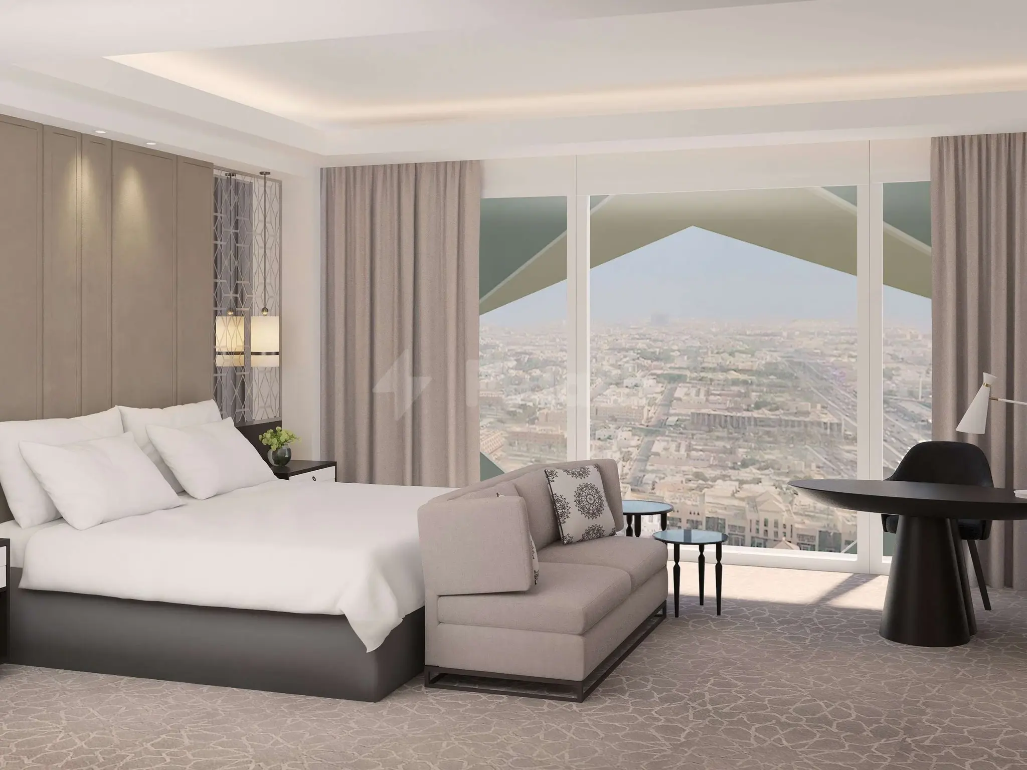 Luxury guest room at Sofitel Riyadh Hotel & Convention Centre, Riyadh, featuring city views through panoramic windows and modern