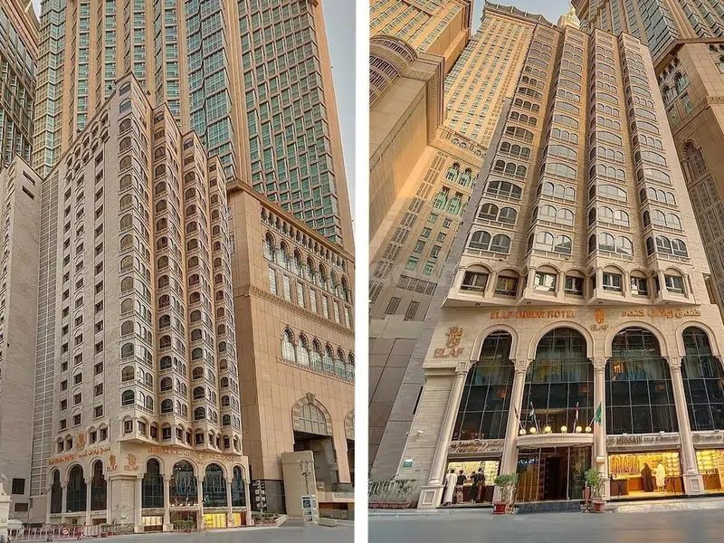 Grand facade at Elaf Kinda Hotel, Mecca, featuring arched windows and illuminated entrance with gold lettering