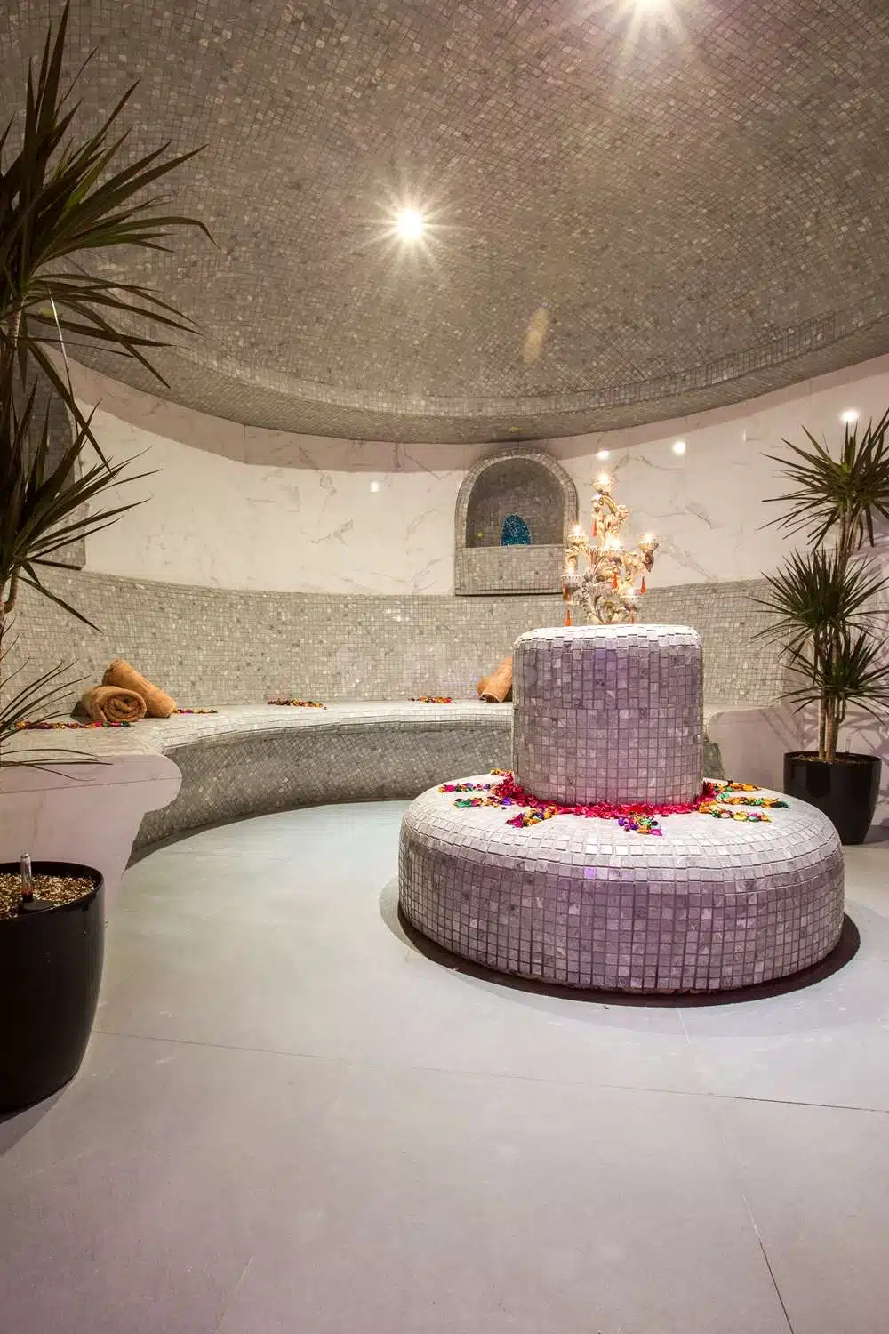 Spa dome at Park Inn by Radisson Dammam, Dammam, with mosaic tiles and central fountain adorned with flowers