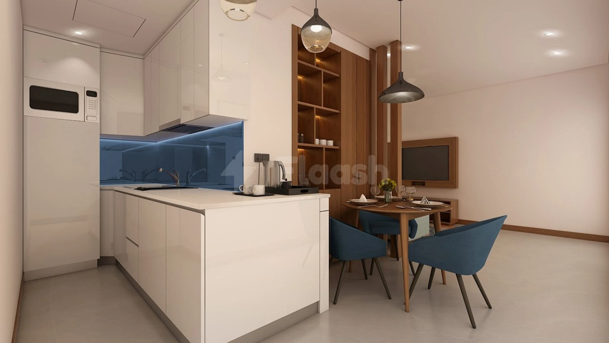 Kitchenette at Staybridge Suites Al Khobar City, Al Khobar, featuring blue backsplash and pendant lights over dining table