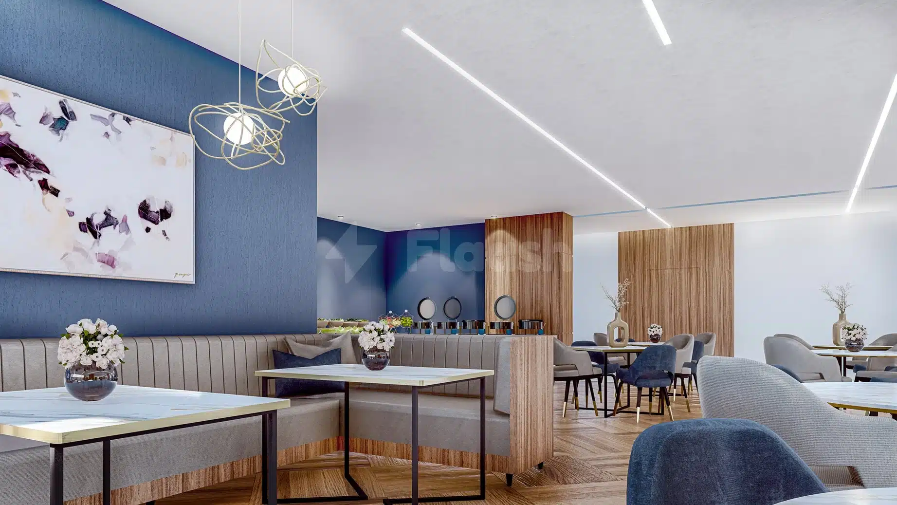 Lounge area at Staybridge Suites Al Khobar City, Al Khobar, featuring blue accent walls and modern pendant lighting