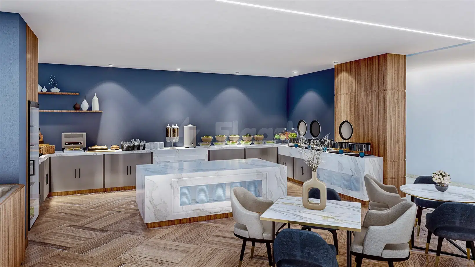 Modern breakfast buffet area at Staybridge Suites Al Khobar City, Al Khobar, with marble countertops and wooden flooring