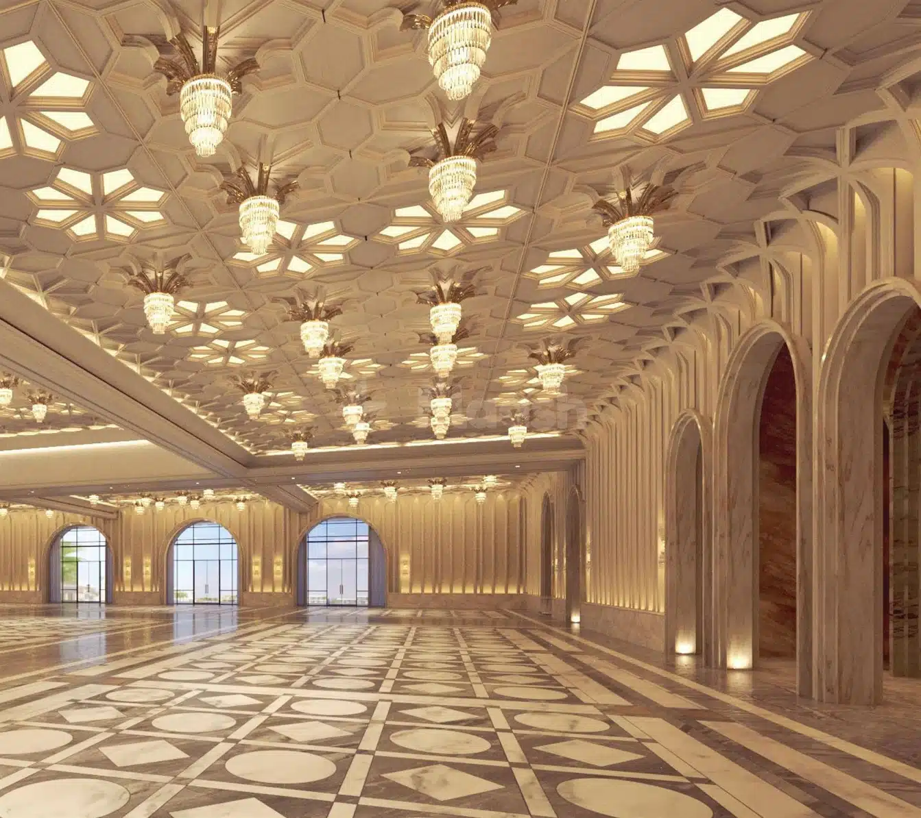 Grand ballroom at Wynn Al Marjan Island, Ras Al Khaimah, featuring geometric ceiling lights and marble flooring