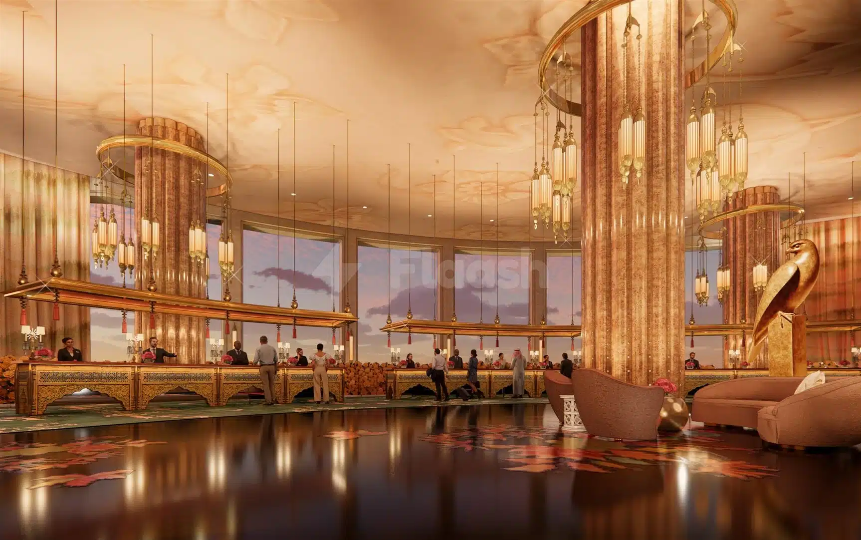 Grand lounge at Wynn Al Marjan Island, Ras Al Khaimah, featuring golden columns and suspended lanterns over reflective