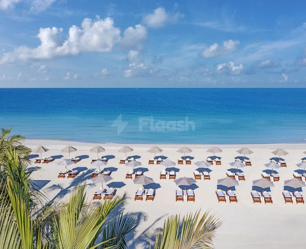 Beach umbrellas and lounge chairs at Al Zorah Beach Resort, Ajman, under a bright blue sky with scattered
