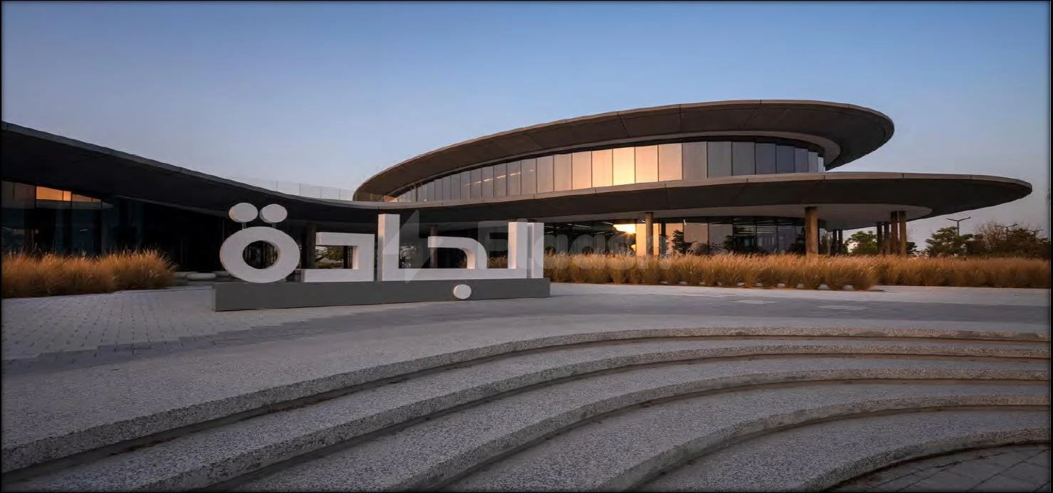 Curved stone steps lead to modern glass facade at YourSpace, Aljada, Sharjah, with illuminated signage under twilight sky