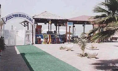 Beachfront entrance at Ajman Beach Hotel, Ajman, featuring a green carpet leading to a shaded pavilion with palm