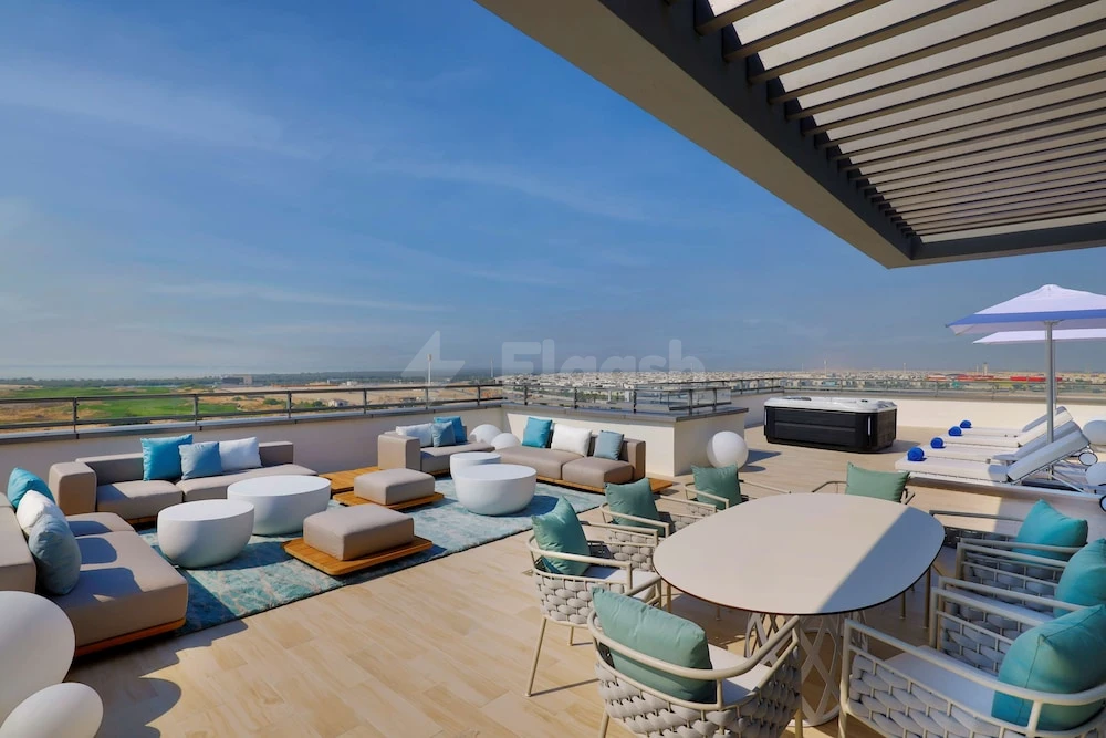 Roof terrace at DoubleTree by Hilton Abu Dhabi Yas Island Residences, Abu Dhabi, with modern lounge furniture