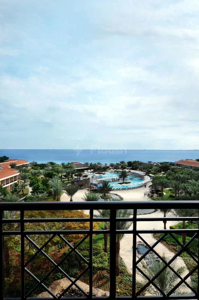 Balcony view at Fujairah Rotana Resort & Spa, Fujairah, showing lagoon-style pool and turquoise sea beyond palms